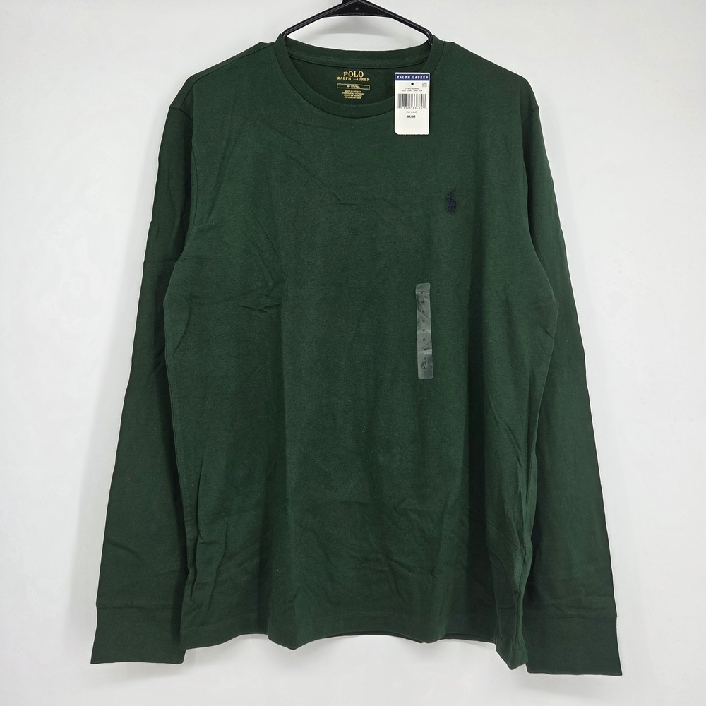 Polo Ralph Lauren Men's Green Basic T-Shirt Medium Solid Crew-Neck Long Sleeve